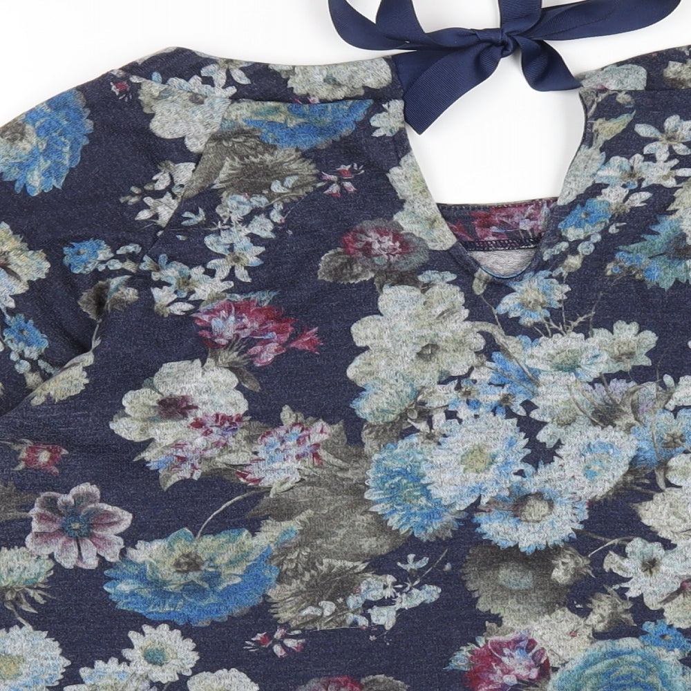 Oasis Womens Blue Floral Viscose Basic T-Shirt Size S Round Neck