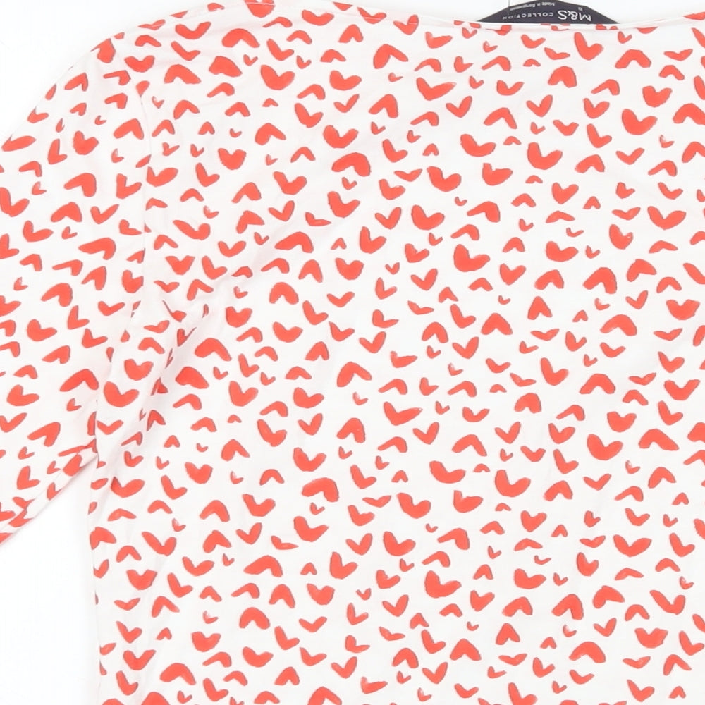 Marks & Spencer Womens Red Geometric Cotton Basic T-Shirt Size 8 Boat Neck - Heart Pattern