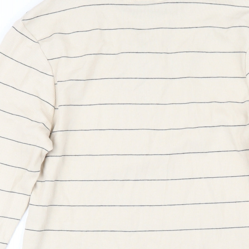 Marks & Spencer Womens Beige Striped Cotton Basic T-Shirt Size 10 Mock Neck