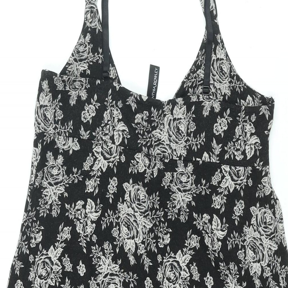 Cynthia Rowley Womens Black Floral Viscose Basic T-Shirt Size S V-Neck