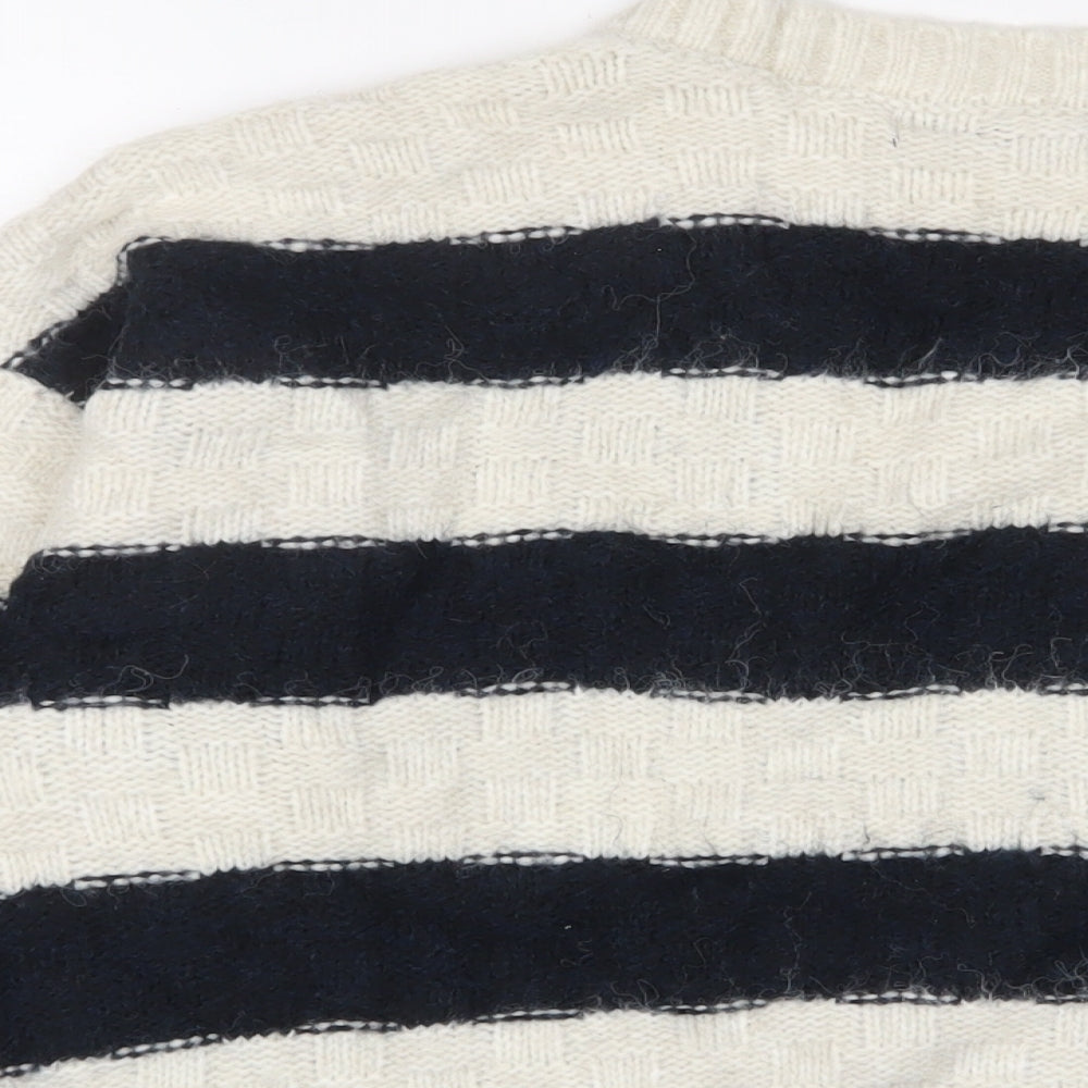 Marks & Spencer Womens White V-Neck Striped Acrylic Pullover Jumper Size XL