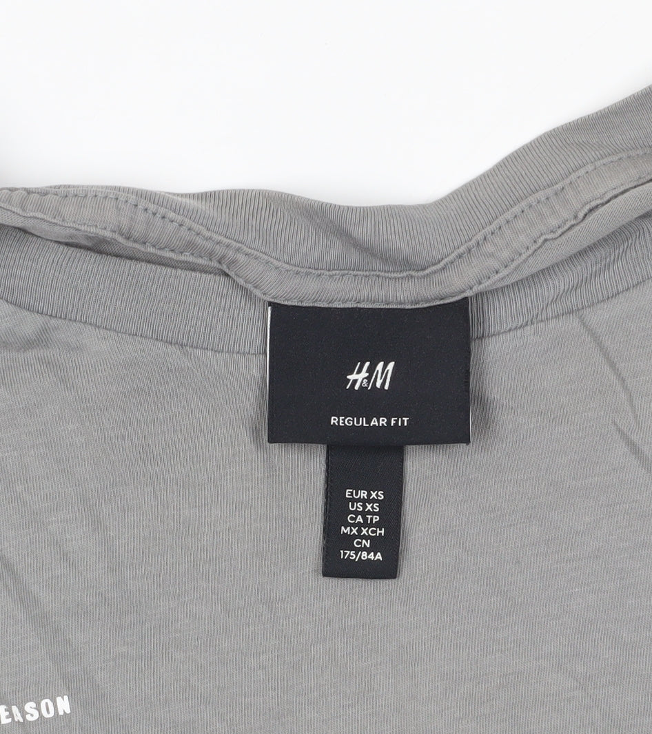 H&M Grey Cotton T-Shirt XS Regular Fit Crew Neck