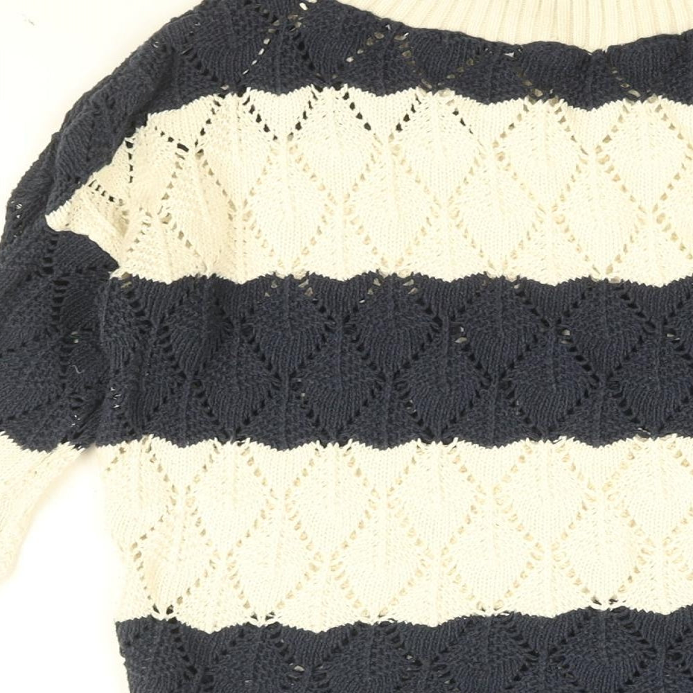 QED London Womens White Round Neck Striped Cotton Pullover Jumper Size M