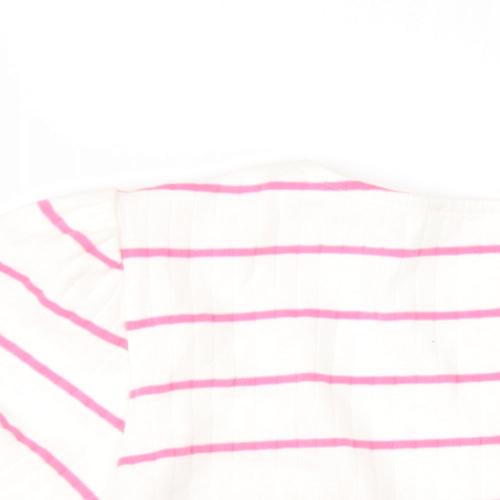 Saviour Womens White Striped Cotton Basic T-Shirt Size L V-Neck