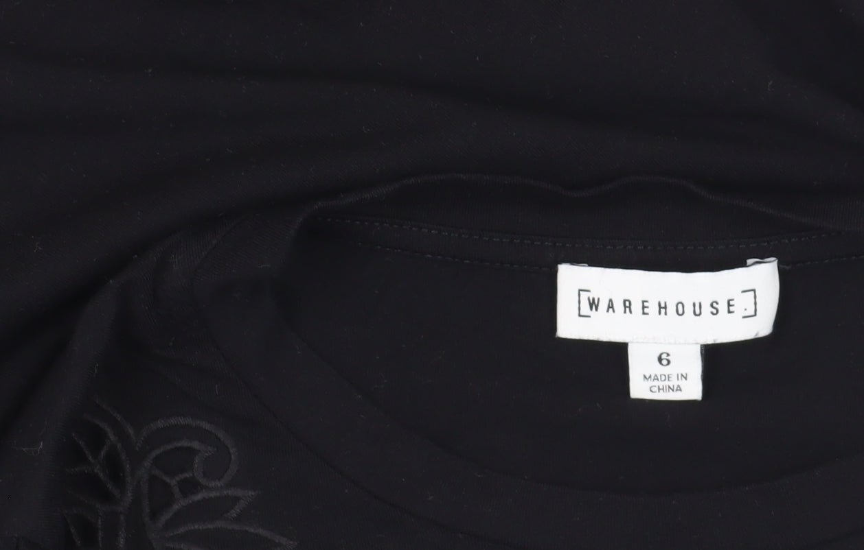 Warehouse Black Embroidered Cotton T-Shirt Size 6