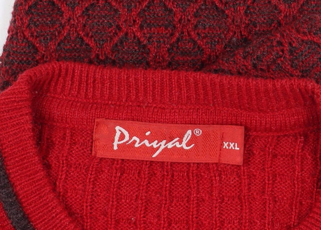 Priyal Red Wool Cardigan 2XL with Geometric Patterns
