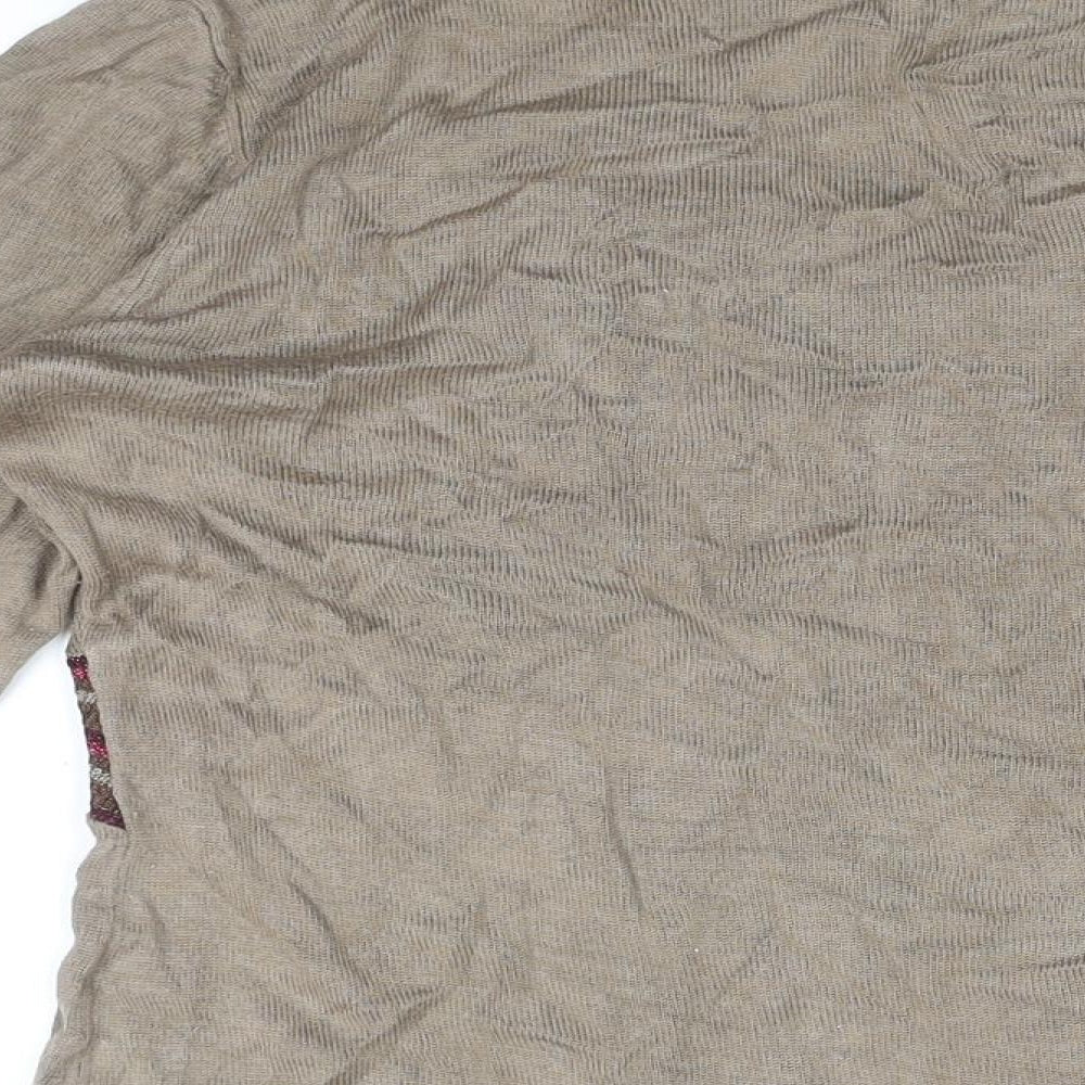 Minosa Womens Brown Geometric Viscose Basic T-Shirt Size L V-Neck