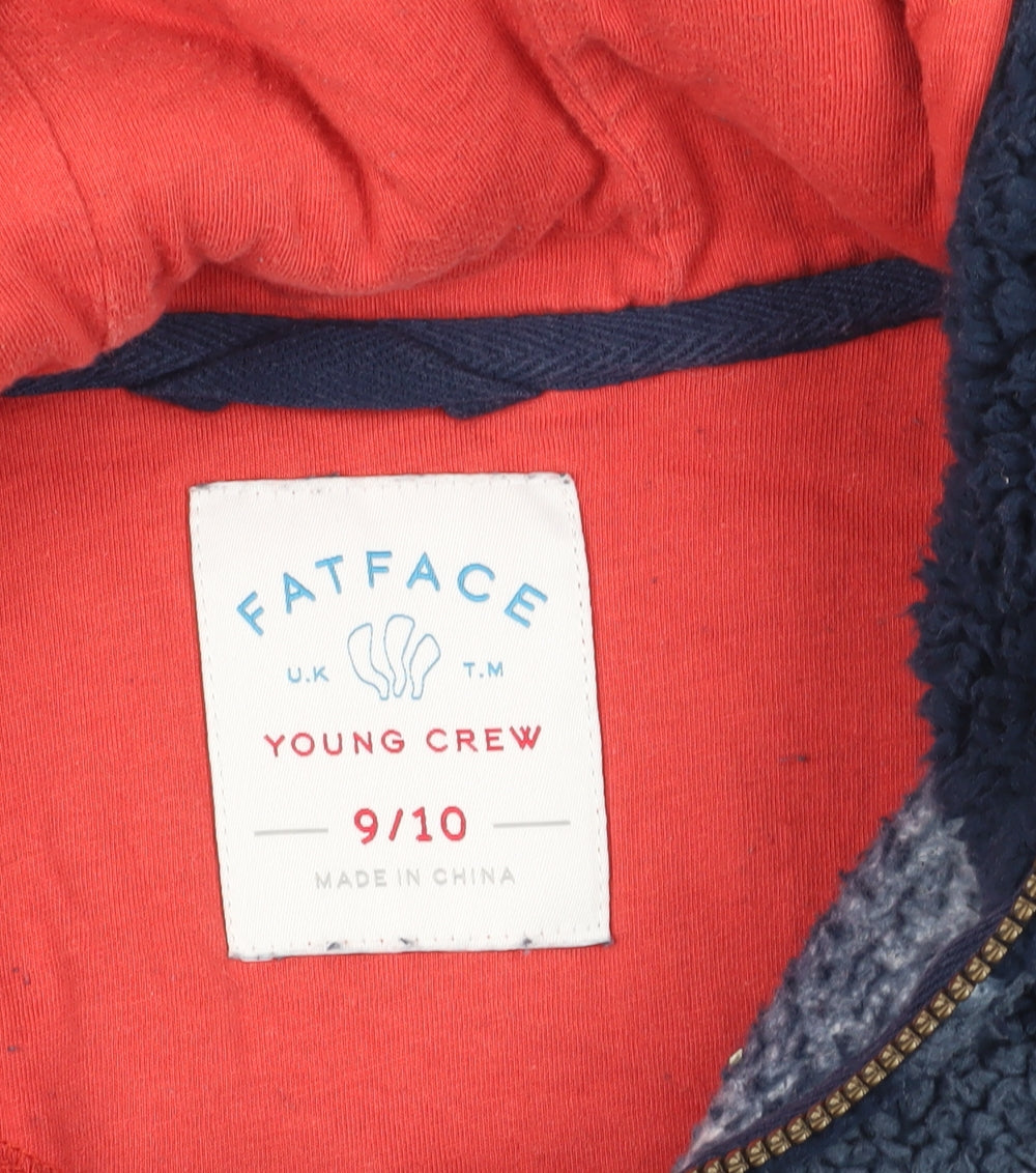 Brand and care label for FatFace girls’ blue striped fleece hoodie, size 9-10, yrs