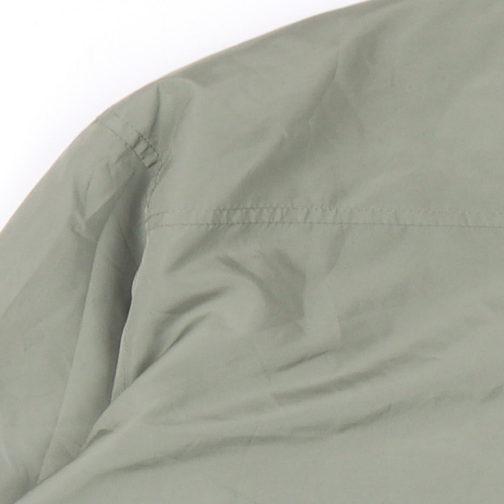 Brand and care label for French Connection men’s green jacket, size S, snap