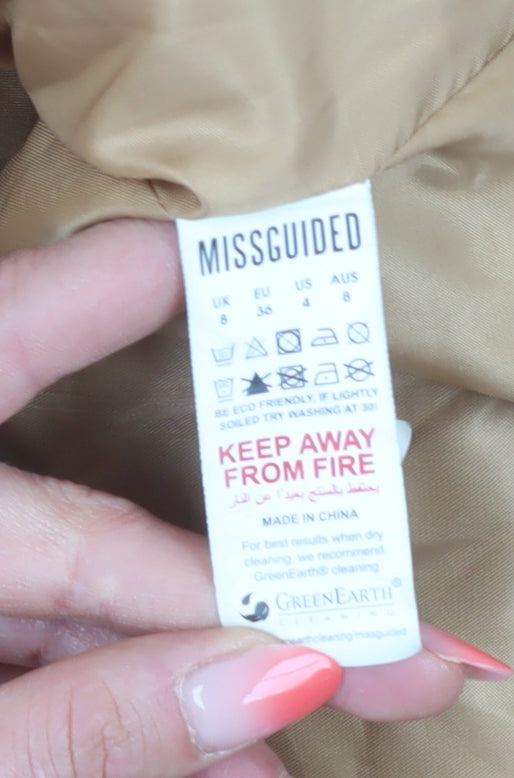 Brand and care label for Missguided Women's Beige Bomber Jacket, size 8