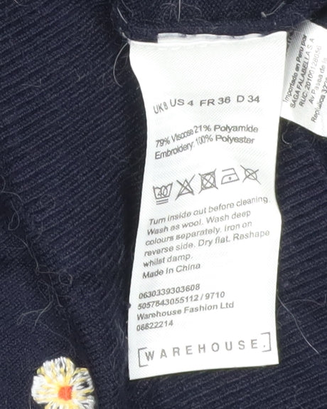 Warehouse Women's Blue Embroidered Pullover Jumper Size 4