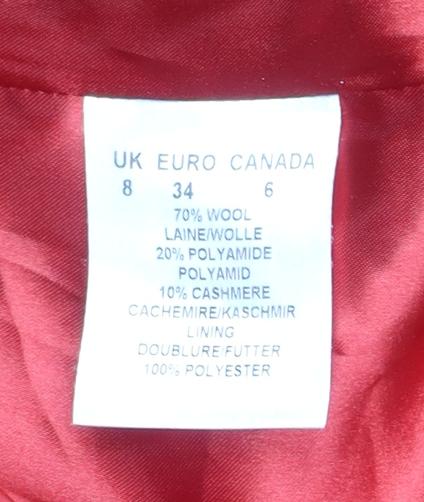 Planet Women's Red Wool Blend Mid-Length Overcoat, Size 8
