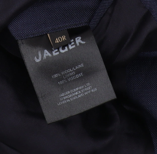 Brand and care label for Jaeger Men's Blue Blazer, size 40, Double-Vented
