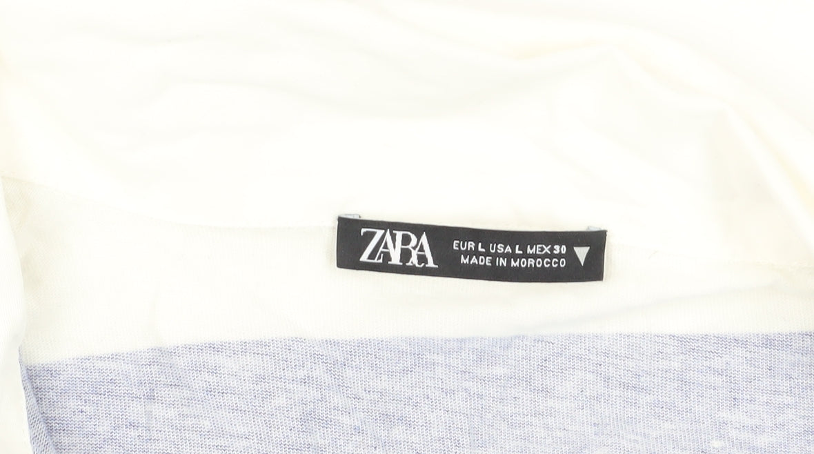 Zara Women's Blue Striped Cotton Polo Shirt L