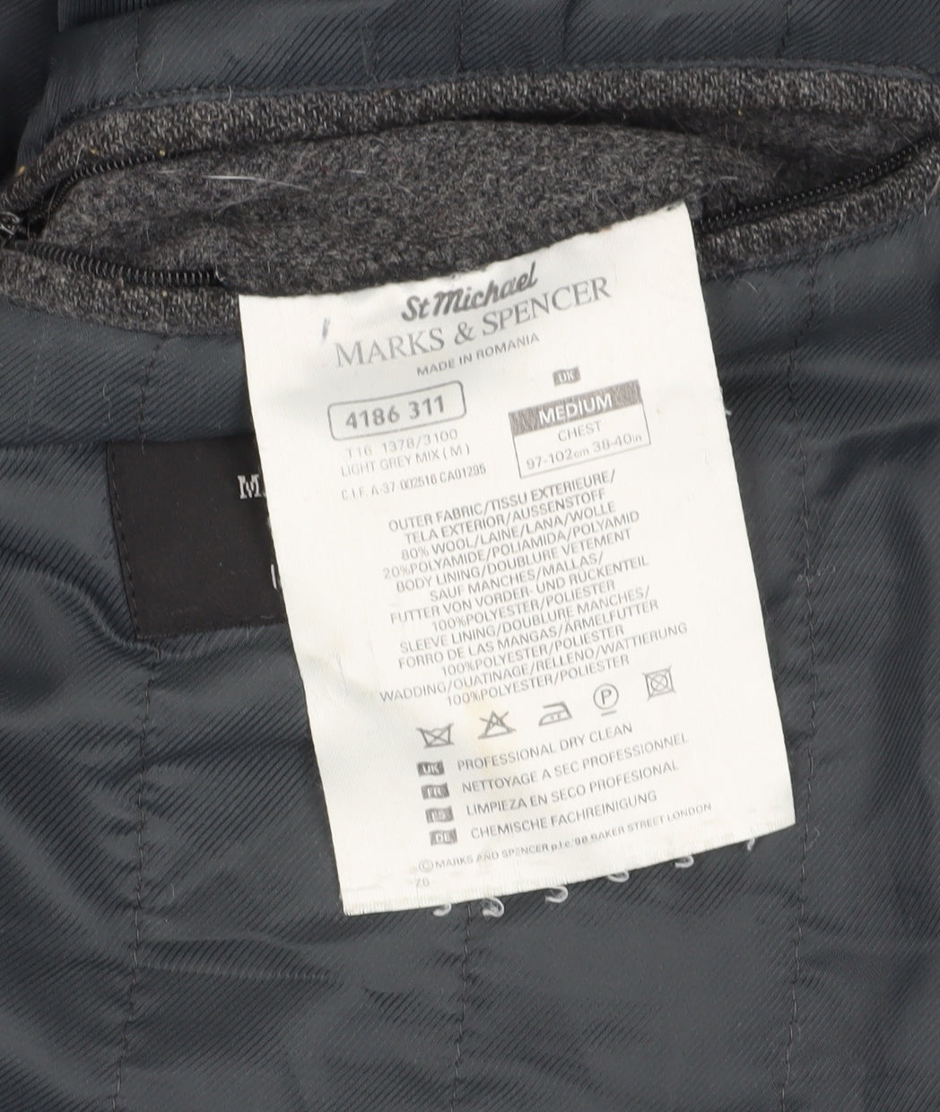 Marks & Spencer Men's Grey Jacket, Size M, Zip Closure