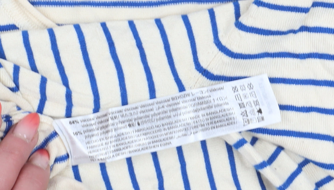 Zara Women's Beige Blue Striped Long Sleeve T-Shirt S