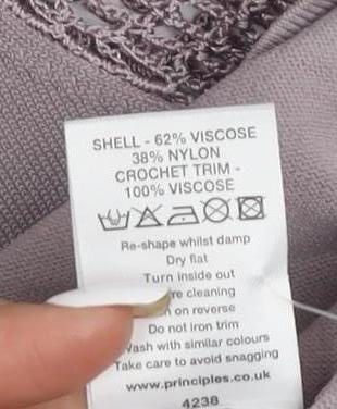 Brand and care label for Principles Women's Grey V-Neck Crochet Blouse, size 16