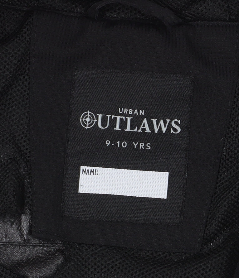 Brand and care label for Urban Outlaws boys’ black hooded jacket 9-10y