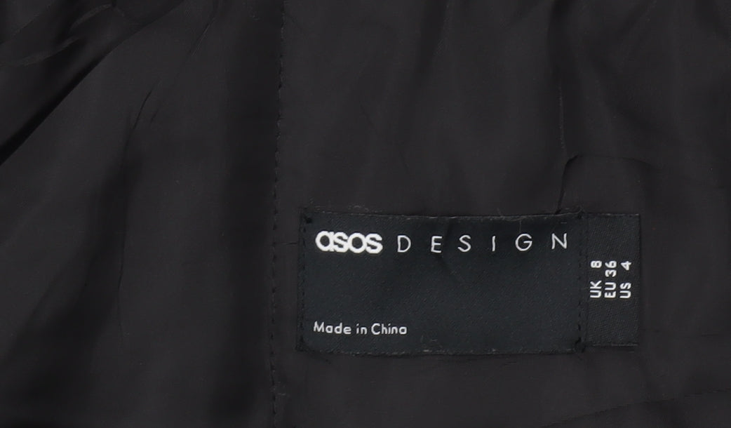 Brand and care label for ASOS Women's Black Hooded Parka Jacket, size 8