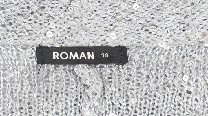 Brand and care label for Roman Women's Silver Sequin Wrap Jumper, size 14