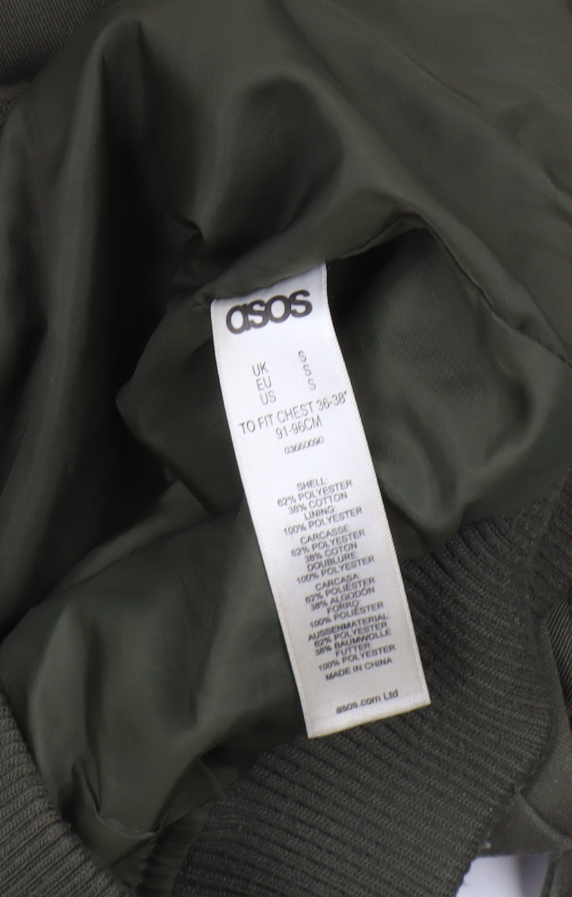 Brand and care label for ASOS Men's Green Bomber Jacket S Casual Zip