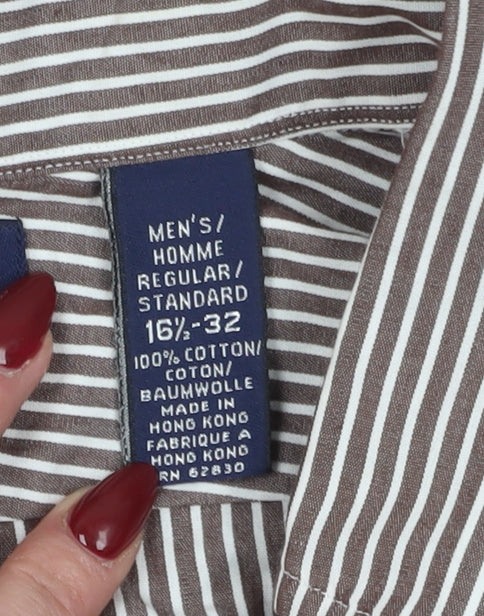 Lands' End Men's Brown Striped Button-Up Shirt