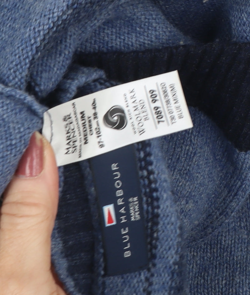 Marks & Spencer Men's Blue Striped V-Neck Jumper M