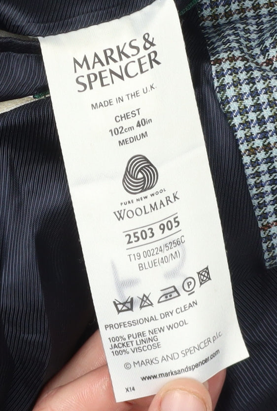 Marks & Spencer Men's Blue Check Wool Blazer 40R