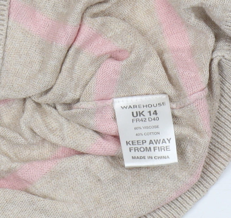 Warehouse Women's Beige Pink Striped Jumper Size 14