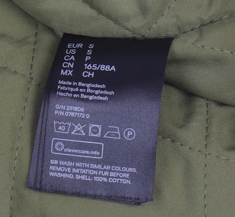 H&M Women's Green Parka Coat Size S Hooded Fur Trim