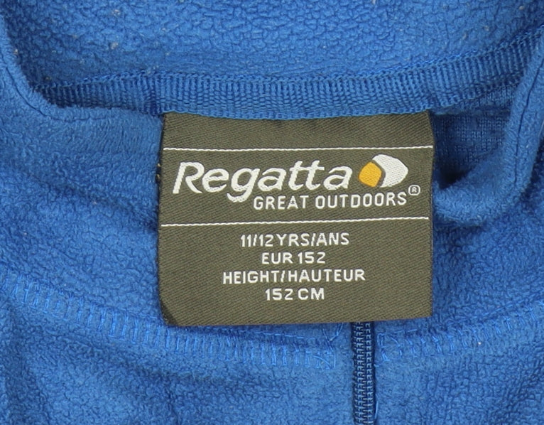 Brand and care label for Regatta boys’ blue fleece zip sweatshirt, 11-12 years