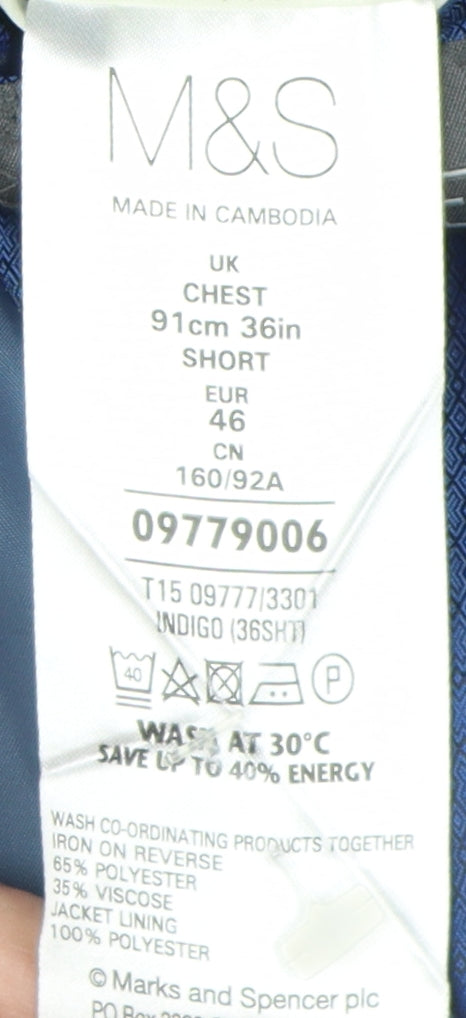 Marks & Spencer Men's Blue Blazer, Size 36S