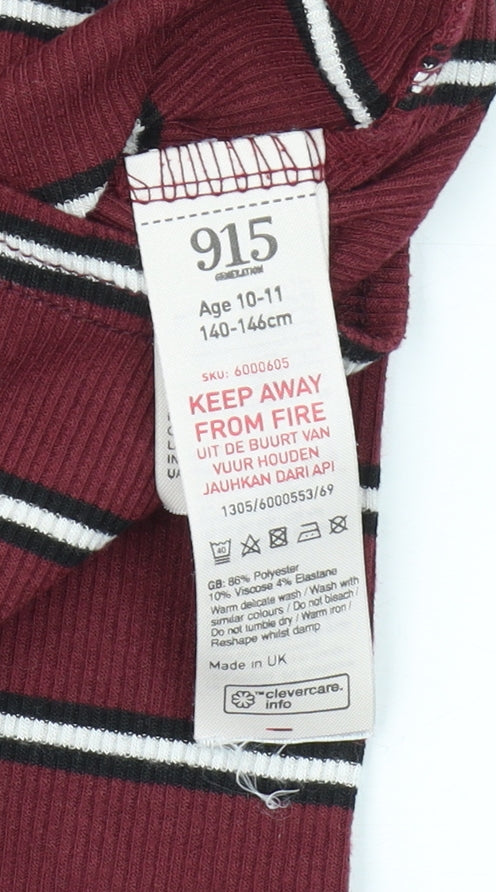 Close-up detail of 915 Generation girls’ red cropped t-shirt, long sleeve, striped, 10-11y