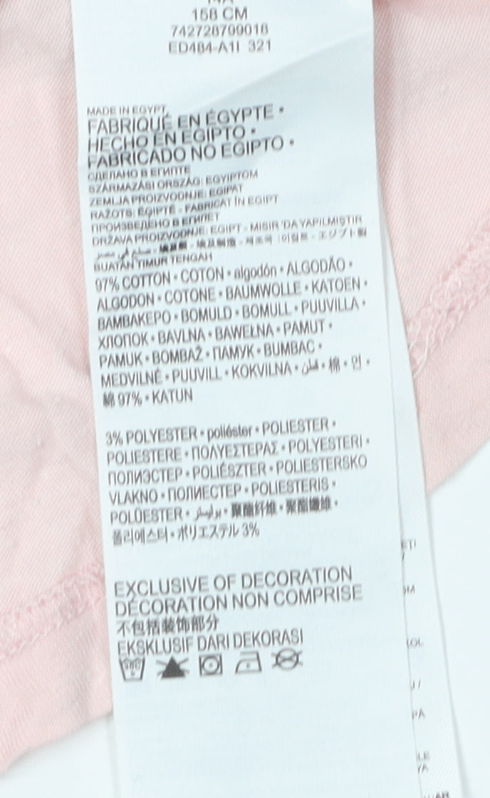 Brand and care label for Levi's girls’ pink logo t-shirt, size 14 plus, short sleeve