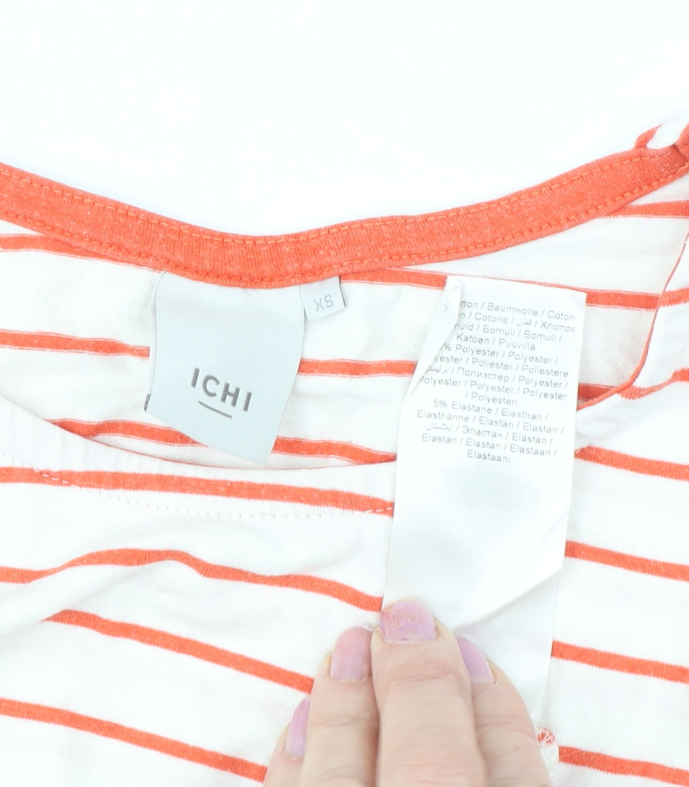 ICHI Women's White Striped T-Shirt, XS, Summer Style