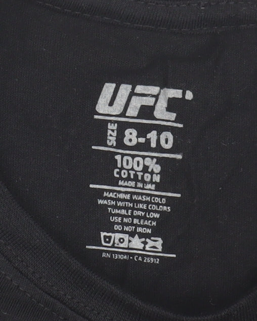 Close-up detail of UFC boys’ black cotton logo t-shirt, size 8-10