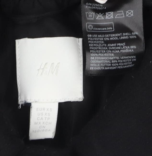 H&M Men's Black Wool Coat, 2XS, Mid-Length, Collared