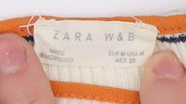 Zara Women's Ivory Striped Long Sleeve T-Shirt M