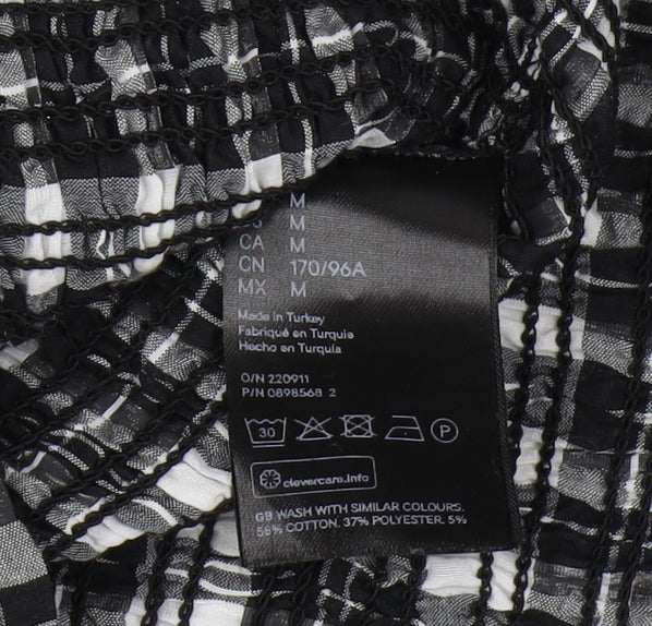 H&M Women's Black Plaid Cropped Blouse, Size M, Puff Sleeve