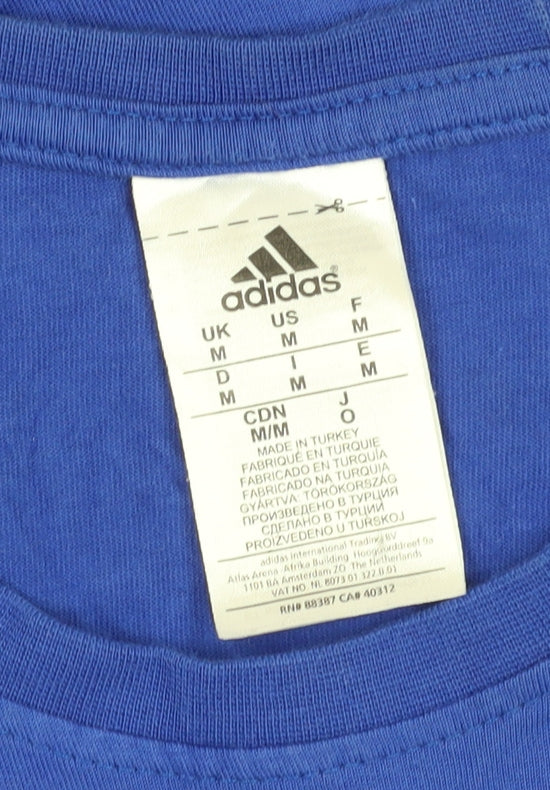 Brand and care label for Adidas Men's Blue Medium Graphic T-Shirt