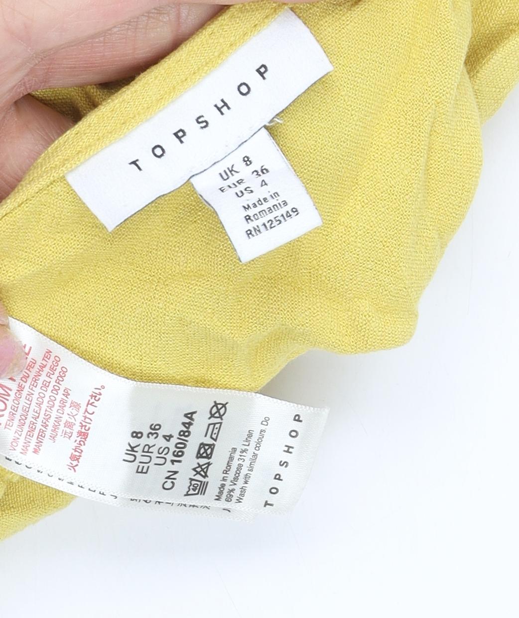 Topshop Women’s Yellow V-Neck Casual Button Shirt Size 8