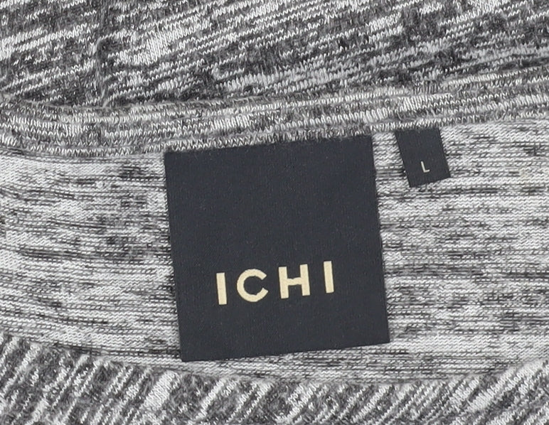 ICHI Women's Grey Knit Top L Round Neck 3/4 Sleeve