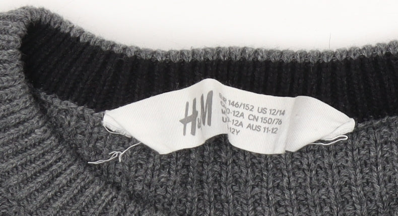 H&M Boys Grey Pullover Jumper, Size 12 Years, Crew Neck