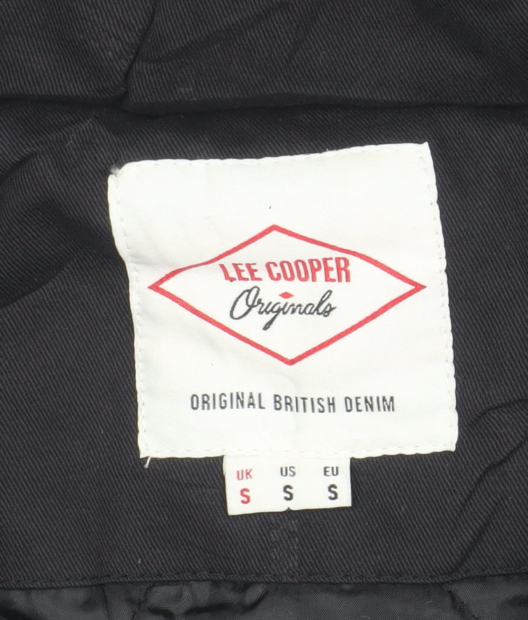 Brand and care label for Lee Cooper Men's Black Hooded Parka Jacket, size S