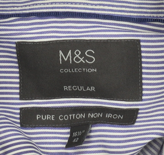Marks & Spencer Men's Blue Striped Regular Fit Shirt 42