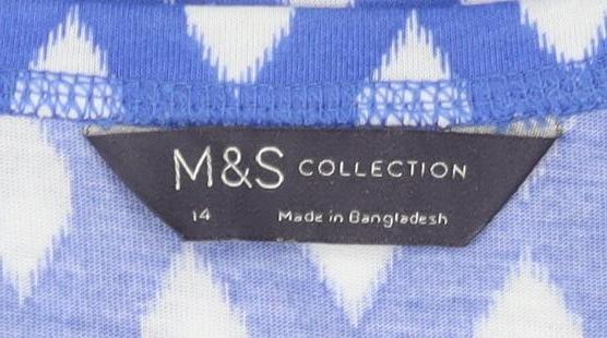 Marks & Spencer Women's Blue Geometric V-Neck T-Shirt Size 14