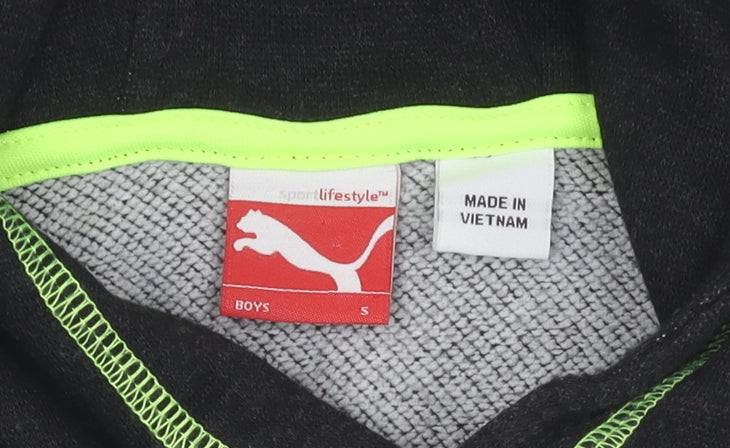 Brand and care label for Puma boys’ black hoodie 6-7 years logo pullover jersey
