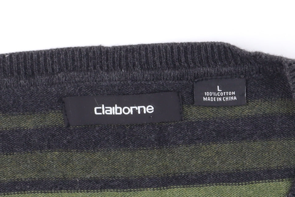 Claiborne Men's Green Striped Pullover Jumper L