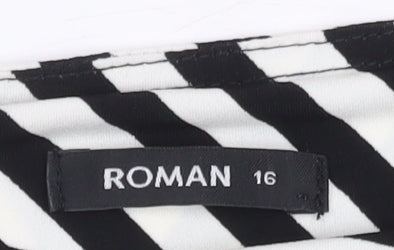 Roman Women's Black Striped Blouse, Size 16, Short Sleeve