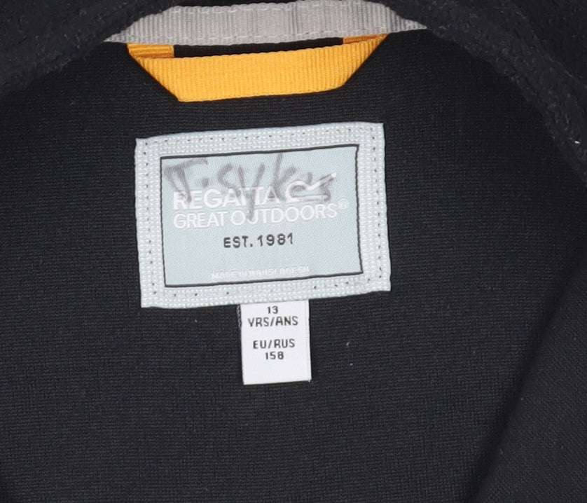 Brand and care label for Regatta boys’ black fleece zip sweatshirt 13 years